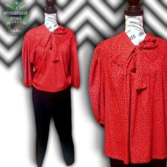 VINTAGE 1960’s Twee Red & Black Polka Dot Secretary Bow Blouse, Plus Size 3X - Picture 1 of 8